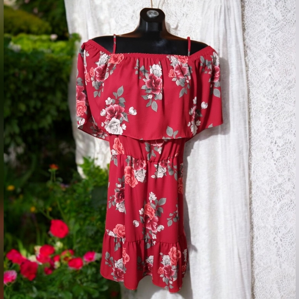 Dynamite Ruffle Off-Shoulder Red Floral Mini-Dress Sz M